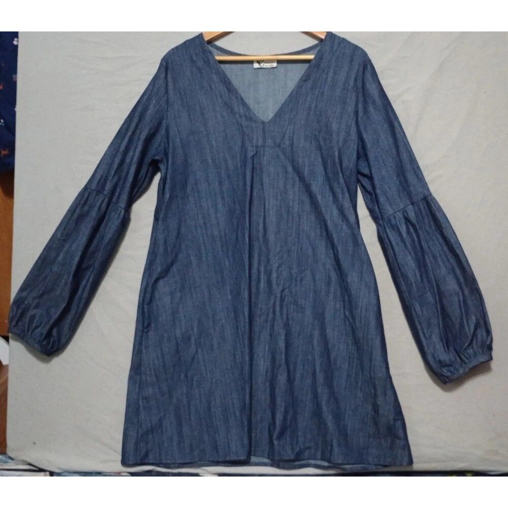 Carole Christian Blue Denim Balloon Sleeve Tunic Shift Dress Wm L Pockets